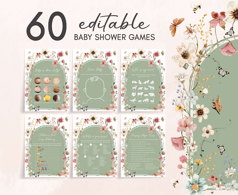 Editable Baby in Bloom Baby Shower Games Bundle, Boho Sage Green Wildflower Baby Shower Game Pack, Gender Neutral Baby Shower Games, 0676 image 1