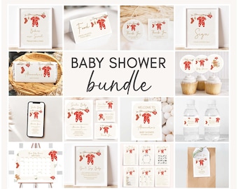 May include: A collection of baby shower themed stationery and decorations. The items include invitations, signs, cupcake toppers, water bottle labels, and thank you tags. The designs feature red baby pajamas and socks hanging on a clothesline.