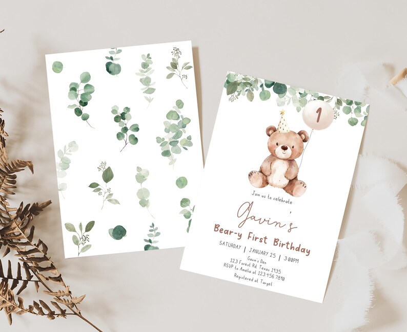 Greenery Bear Invitation Front Back