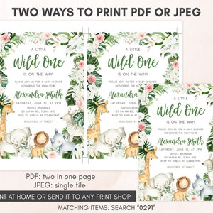 May include: Baby shower invitations with a jungle theme. The invitations feature watercolor illustrations of safari animals, including giraffes, elephants, and lions, with floral accents. Text reads "A Little Wild One is on the Way!" and includes event details.