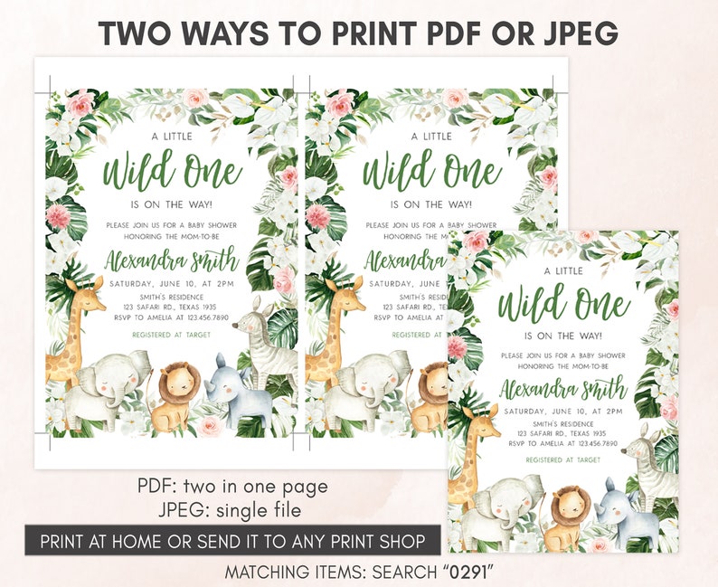 May include: Baby shower invitations with a jungle theme. The invitations feature watercolor illustrations of safari animals, including giraffes, elephants, and lions, with floral accents. Text reads "A Little Wild One is on the Way!" and includes event details.