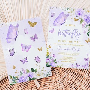 Editable Purple Baby Shower Butterfly Invitation Bundle, Butterflies Girl Baby Shower Invite Set, Floral Purple Butterfly Baby Shower, 0682 image 2