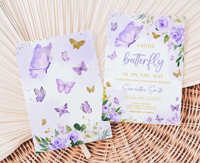 Editable Purple Baby Shower Butterfly Invitation Bundle, Butterflies Girl Baby Shower Invite Set, Floral Purple Butterfly Baby Shower, 0682 image 2