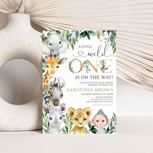 Editable A Little Wild One Baby Shower Invitation Bundle, Jungle Safari Baby Shower Invite Set, Greenery Safari Animals Baby Shower, 0601 image 3