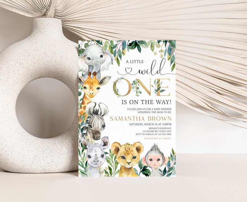 Editable A Little Wild One Baby Shower Invitation Bundle, Jungle Safari Baby Shower Invite Set, Greenery Safari Animals Baby Shower, 0601 image 3
