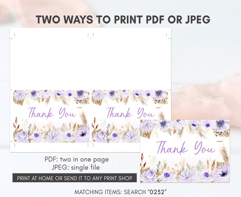 K&ouml;nnte beinhalten: Zwei M&ouml;glichkeiten, eine Dankeskarte mit einem floralen Design zu drucken. Die Karte zeigt ein lila und goldenes Blumenmuster mit dem Text "Danke". Die Karte kann als PDF mit zwei Karten auf einer Seite oder als JPEG mit einer einzelnen Karte gedruckt werden. Der Text "Passende Artikel: Suche "0232" ist ebenfalls enthalten.