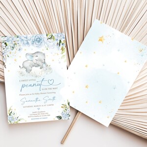 Editable Blue Elephant Baby Shower Invitation, Blue Floral Elephant Baby Shower Invite, Blue Flowers Boy Baby Shower Invite Template, 0636 image 2