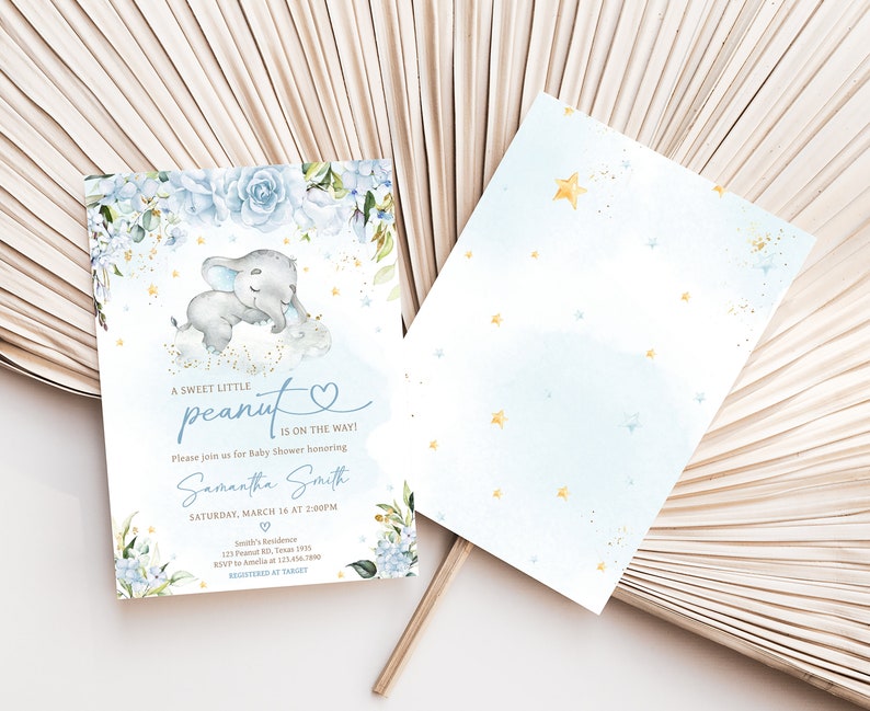 Editable Blue Elephant Baby Shower Invitation, Blue Floral Elephant Baby Shower Invite, Blue Flowers Boy Baby Shower Invite Template, 0636 image 2