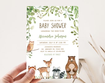 Editable Woodland Baby Shower Invitation, Greenery Woodland Animals Baby Shower Invite, Gender Neutral Forest Baby Shower Invitation, 0395