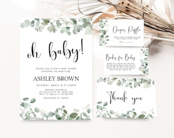 May include: A baby shower invitation with a eucalyptus theme. The invitation features a green and white floral design with the text "oh baby!" and the name "Ashley Brown". The invitation also includes details about the shower, such as the date, time, and location. The invitation also includes a diaper raffle and books for baby cards.