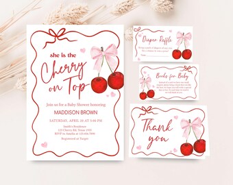 Editable Cherry Baby Shower Invitation Bundle, Cherry on Top Pink Bow Baby Shower Invite Set, Coquette Cherry Baby Shower Invitation, 01033