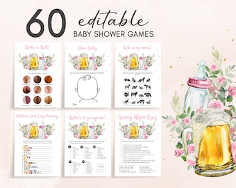 Editable Girl A Baby is Brewing Baby Shower Games Bundle, Pink Beer and Bottle Baby Shower Game Pack, Couples Coed Baby Shower Games, 0345