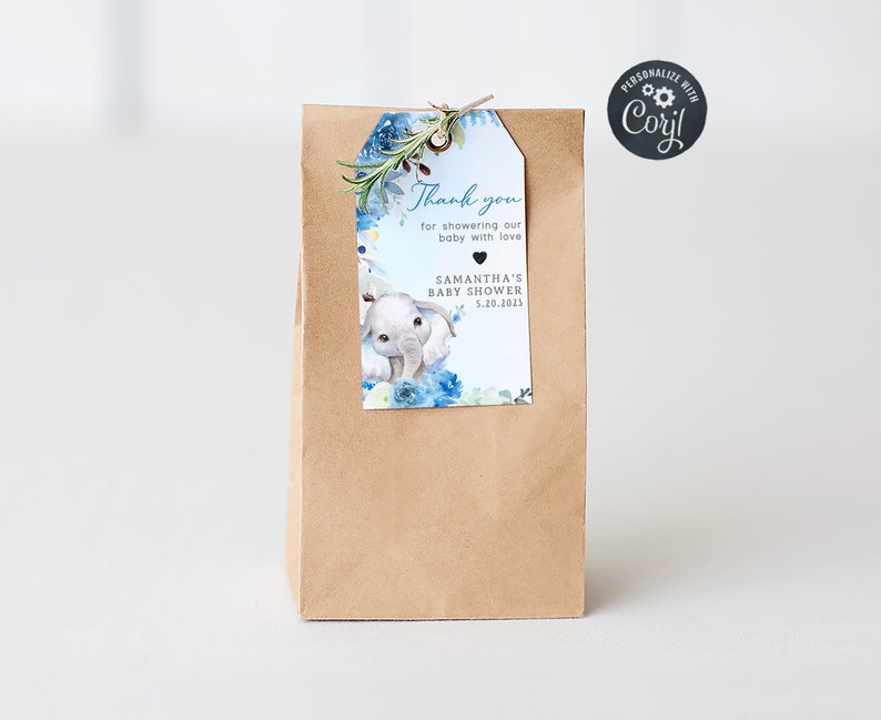 May include: Blue and white baby shower favor bag with a thank you tag featuring a watercolor elephant illustration and the text "Thank you for showering our baby with love Samantha's Baby Shower 5.20.2015"