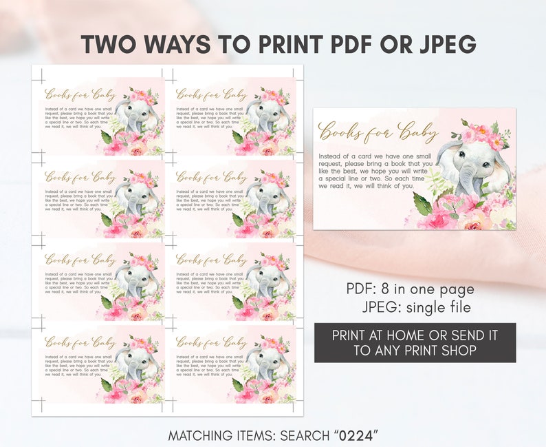 May include: Printable baby shower favor tags featuring a cute illustration of an elephant with pink flowers. The text reads "Books for Baby. Instead of a card we have one small request, please bring a book that you like the best, we hope you will write a special line or two. So each time we read it, we will think of you."
