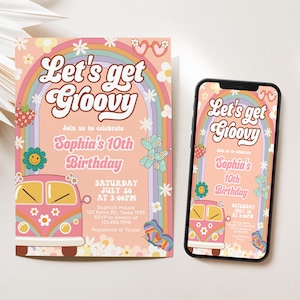 Editable ANY AGE Groovy Birthday Invitation, Retro Birthday Party Invite, Daisy Rainbow Hippie Birthday Invite, Girl Groovy Invitation 67BD