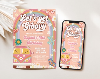 May include: A pink and white birthday invitation with a rainbow, flowers, and a vintage van. The text reads "Let's get Groovy" and "Sophia's 10th Birthday".
