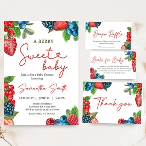 Editable Strawberry Baby Shower Invitation Bundle, A Berry Sweet Baby Shower Invite Set, Blush Berry Summer, Girl Baby Shower Invite, 0805