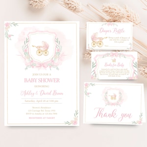 Bearbeitbares Aquarell Crest Mädchen-Babyparty-Einladungspaket, Blumenkamm-Babyparty-Einladungsset, rosa Schleifen-Babyparty-Einladung, 0658
