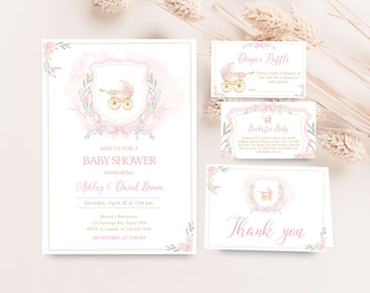 Redigerbar akvarell vapensköld med babyshowerinbjudningar för flicka, set med blommig vapensköld, inbjudningar till babyshower med rosa rosett, 0658
