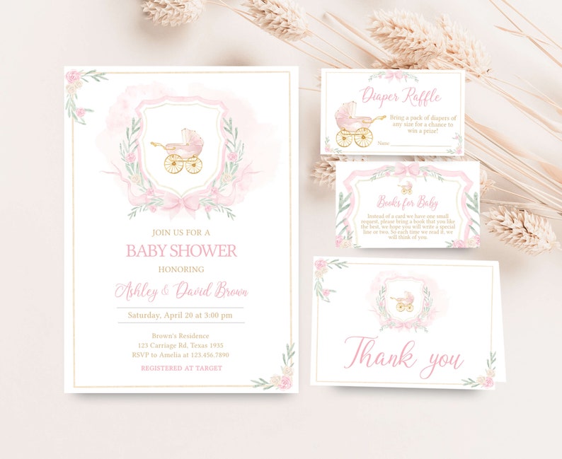 Lot d'invitations pour baby shower écusson aquarelle modifiable, ensemble d'invitations pour baby shower écusson floral, faire-part pour baby shower avec noeud rose, 0658 image 1