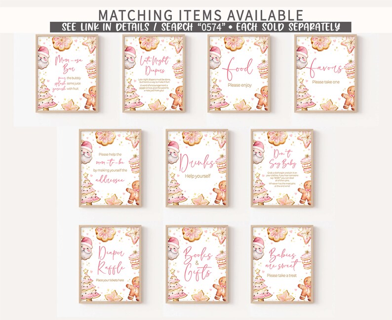 May include: A collection of framed signs with a Christmas theme. Each sign features watercolor illustrations of gingerbread men, Christmas trees, and cookies. Text on the signs includes phrases like "Mom-osa Bar" and "Favors".