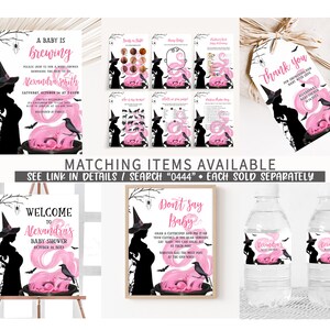 May include: A collection of Halloween-themed baby shower decorations. The designs feature a witch silhouette, a cauldron with pink potion, and the text "A Baby is Brewing." Includes invitations, games, tags, and water bottle labels.