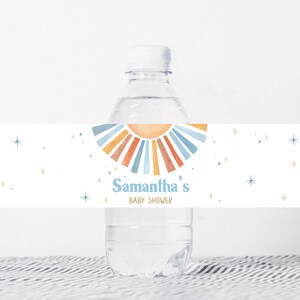 Bewerkbaar label zonneschijn babyshowerfles, Here Comes the Son babyshower wateretiket, Blue Boy Boho Sunshine waterflesstickers, 0642