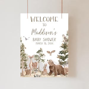Editable Adventure Awaits Baby Shower Welcome Sign, Woodland Animals Baby Shower Welcome Poster, Adventure Woodland Baby Shower Sign, 01032