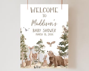 Editable Adventure Awaits Baby Shower Welcome Sign, Woodland Animals Baby Shower Welcome Poster, Adventure Woodland Baby Shower Sign, 01032