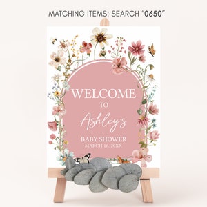 Editable Baby in Bloom Baby Shower Welcome Sign, Wildflower Baby Shower Welcome Poster, Muted Pink Boho Spring Flowers Baby Shower Sign 0650 image 3
