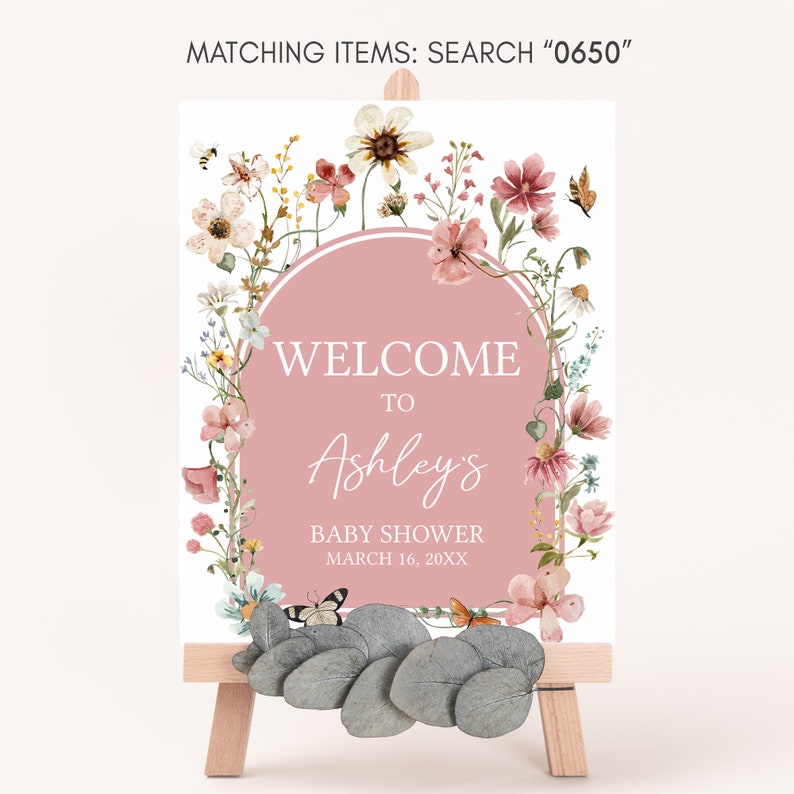 Editable Baby in Bloom Baby Shower Welcome Sign, Wildflower Baby Shower Welcome Poster, Muted Pink Boho Spring Flowers Baby Shower Sign 0650 image 3