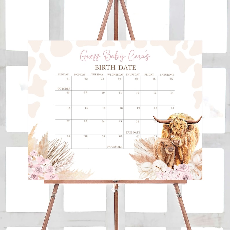 Editable Boho Highland Cow Baby Shower Due Date Calendar, Pink Holy Cow Baby Shower Calendar, Girl Highland Cow Boho Baby Shower Game, 0509 image 1