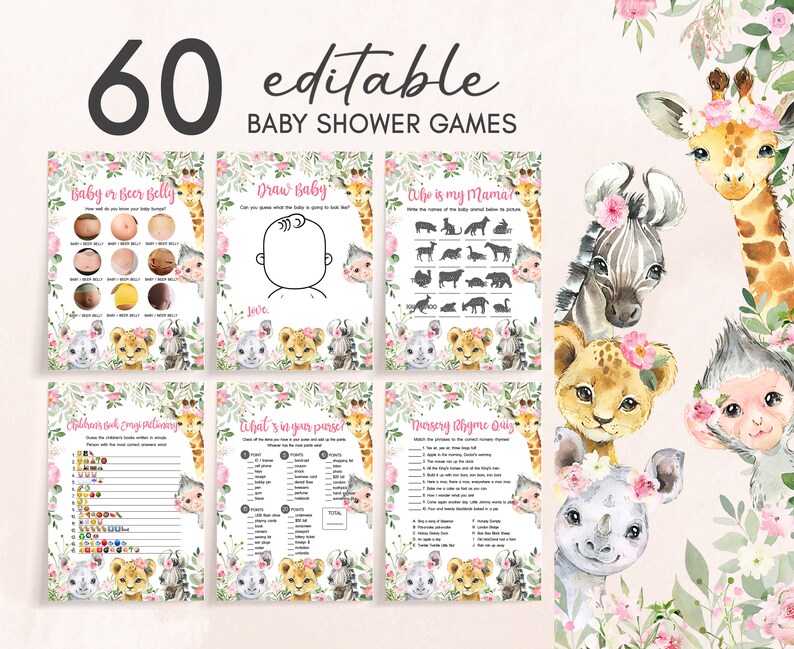 May include: A set of 60 printable baby shower games featuring a jungle animal theme. The games include "Baby or Beer Belly", "Draw Baby", "Who is my Mama", "What's in your purse?" and "Nursery Rhyme Quiz".