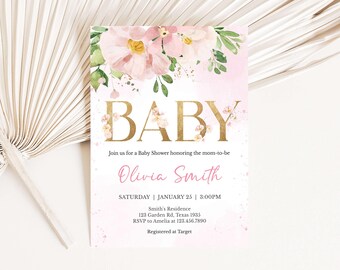 Editable Pink Floral Baby Shower Invitation, It's a Girl Baby Shower Invite, Blush Pink Flowers Baby Shower Invites, Baby Girl Shower, 01017