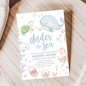 Editable Under The Sea Baby Shower Invitation Bundle, Neutral Nautical Baby Shower Invite Set, Sea Creatures Ocean Baby Shower Invite, 0716 image 3