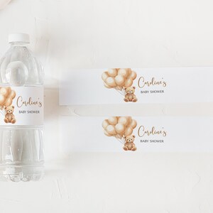 Editable Brown Bear Baby Shower Bottle Label, Teddy Bear Balloon Baby Shower Water Label, We Can Bearly Wait Baby Shower Bottle Sticker 0665 image 3