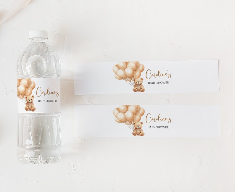 Editable Brown Bear Baby Shower Bottle Label, Teddy Bear Balloon Baby Shower Water Label, We Can Bearly Wait Baby Shower Bottle Sticker 0665 image 3