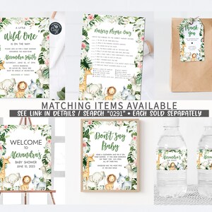 May include: A set of printable baby shower decorations featuring a jungle animal theme. The set includes a welcome sign, a don't say baby sign, a nursery rhyme game, a thank you tag, and water bottle labels. The decorations are in a green, pink, and brown colour scheme with illustrations of a giraffe, lion, zebra, and elephant.