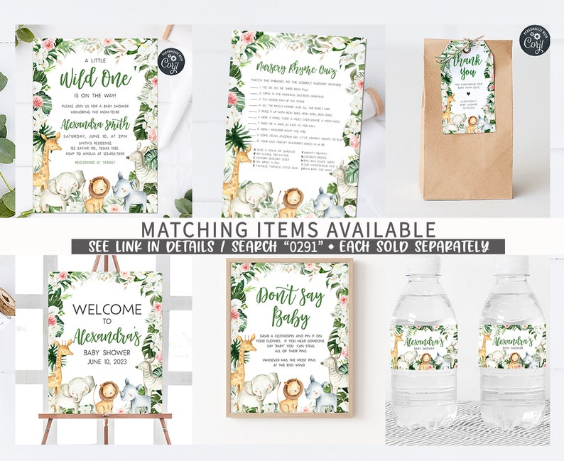 May include: A set of printable baby shower decorations featuring a jungle animal theme. The set includes a welcome sign, a don't say baby sign, a nursery rhyme game, a thank you tag, and water bottle labels. The decorations are in a green, pink, and brown colour scheme with illustrations of a giraffe, lion, zebra, and elephant.