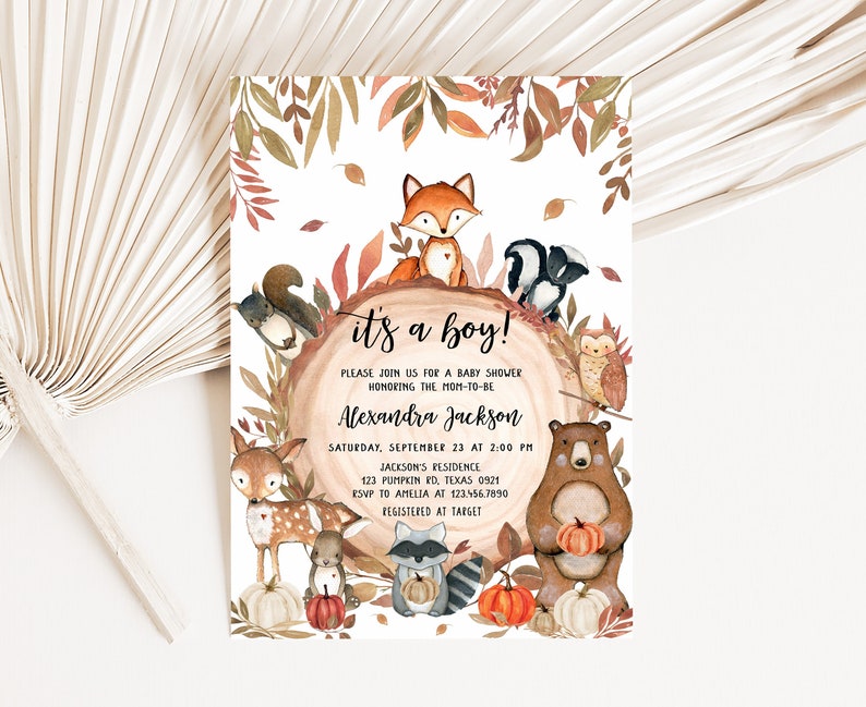 May include: A baby shower invitation with a woodland theme. The invitation features watercolour illustrations of forest animals, including a fox, squirrel, skunk, owl, deer, raccoon, and bear. The text reads "it's a boy!" and includes event details.