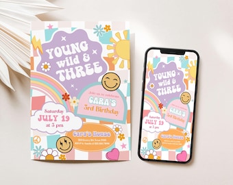 Editable Young Wild and Three Girl Birthday Invitation, Checkered Smiley Face Birthday Invite, Retro Girl 3rd Birthday Party Invitation 76BD