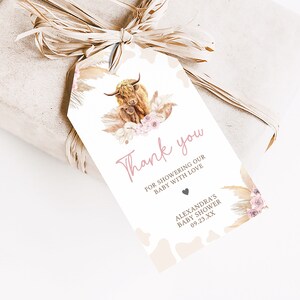 Etiquetas editables de favor de baby shower de vaca de las tierras altas de Boho, etiqueta de regalo de baby shower de vaca sagrada rosa, etiqueta de agradecimiento de baby shower boho de vaca de las tierras altas de niña 0509 imagen 3