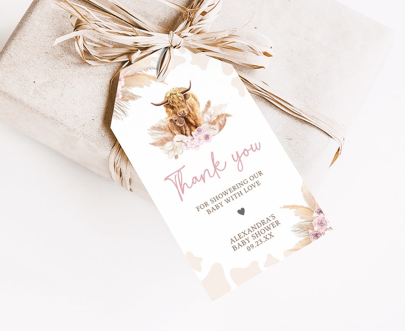Etiquetas editables de favor de baby shower de vaca de las tierras altas de Boho, etiqueta de regalo de baby shower de vaca sagrada rosa, etiqueta de agradecimiento de baby shower boho de vaca de las tierras altas de niña 0509 imagen 3