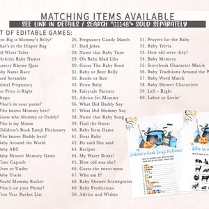 a list of editable games and items available, along with their prices and descriptions. The list includes games like "What's in the Mommie's Belly?" and "Old Wives Tales," as well as items such as "Nursery Rhyme Quiz" and "Baby Shower Games." The list also includes games like "Prayers for the Baby" and "Who knows Mommy best?" The image does not contain any text that is too long or repetitive, and it does not describe each item individually.