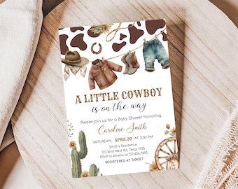 Editable A Little Cowboy Baby Shower Invitation, Cowboy Baby Clothes Rodeo Baby Shower Invite, Wild West Western Baby Shower Invites, 01039