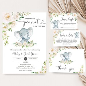 Editable Gender Neutral Elephant Baby Shower Invitation Bundle, Floral Elephant Baby Shower Invite Set, Elephant Greenery Baby Shower, 0620 image 1