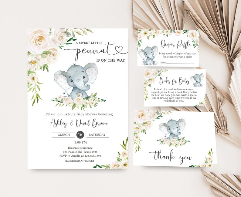 Editable Gender Neutral Elephant Baby Shower Invitation Bundle, Floral Elephant Baby Shower Invite Set, Elephant Greenery Baby Shower, 0620 image 1