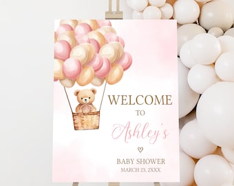 Editable Pink Hot Air Balloon Bear Baby Shower Welcome Sign, We Can Bearly Wait Baby Shower Welcome Poster, Girl Bear Boho Baby Shower, 0699