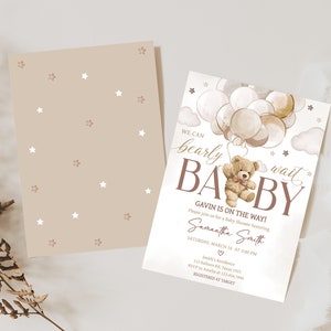 Editable Gender Neutral Bear Baby Shower Invitation Bundle, We Can Bearly Wait Baby Shower Invite Set, Boho Bear Balloon Baby Shower, 0606 image 2