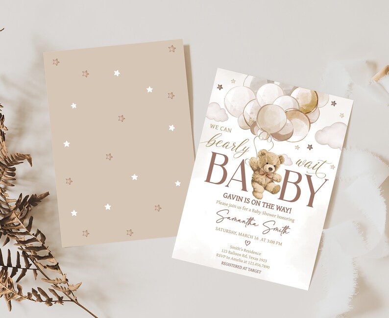 Editable Gender Neutral Bear Baby Shower Invitation Bundle, We Can Bearly Wait Baby Shower Invite Set, Boho Bear Balloon Baby Shower, 0606 image 2